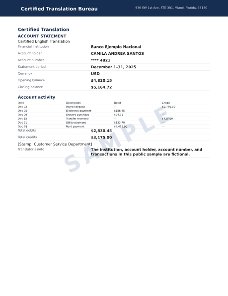 Preview of the Bank Statement PDF sample