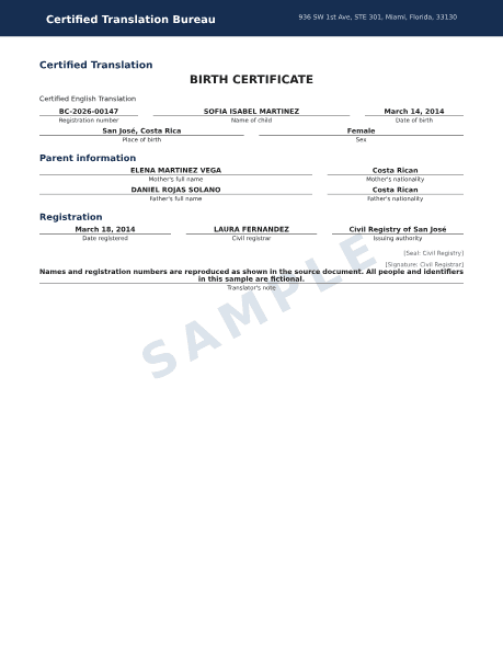 Preview of the Birth Certificate PDF sample