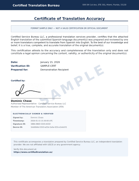 Preview of the Translation Certification PDF sample